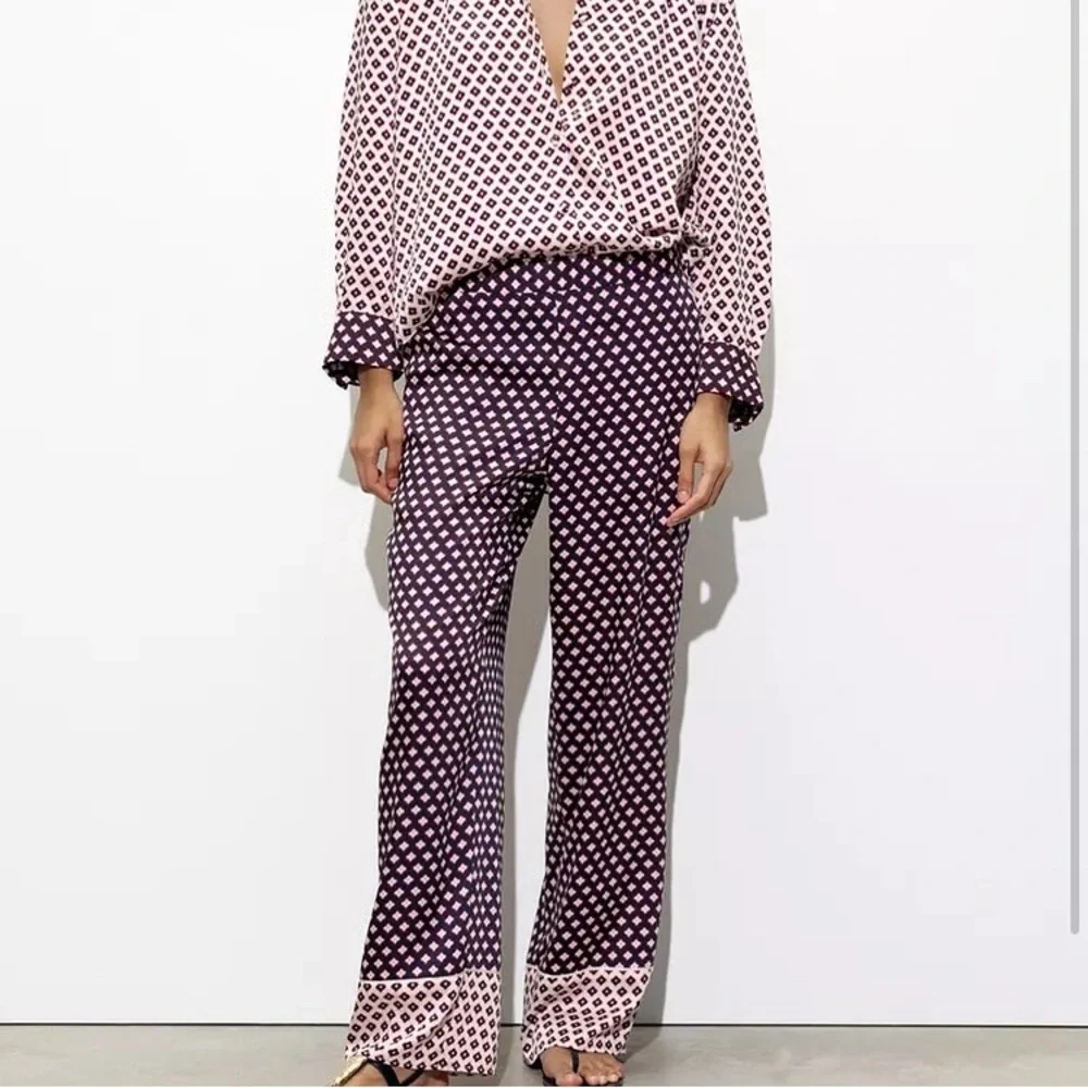 Zara Patterned Satin Effect Wide Leg Pants, NWT Sz M